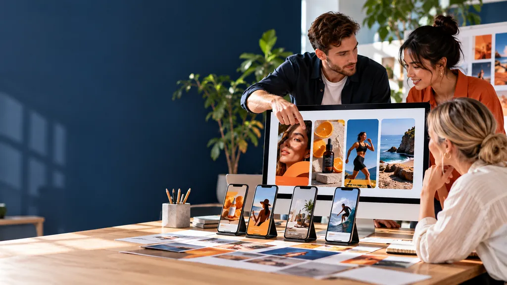 Creative team developing social media ad campaign variations