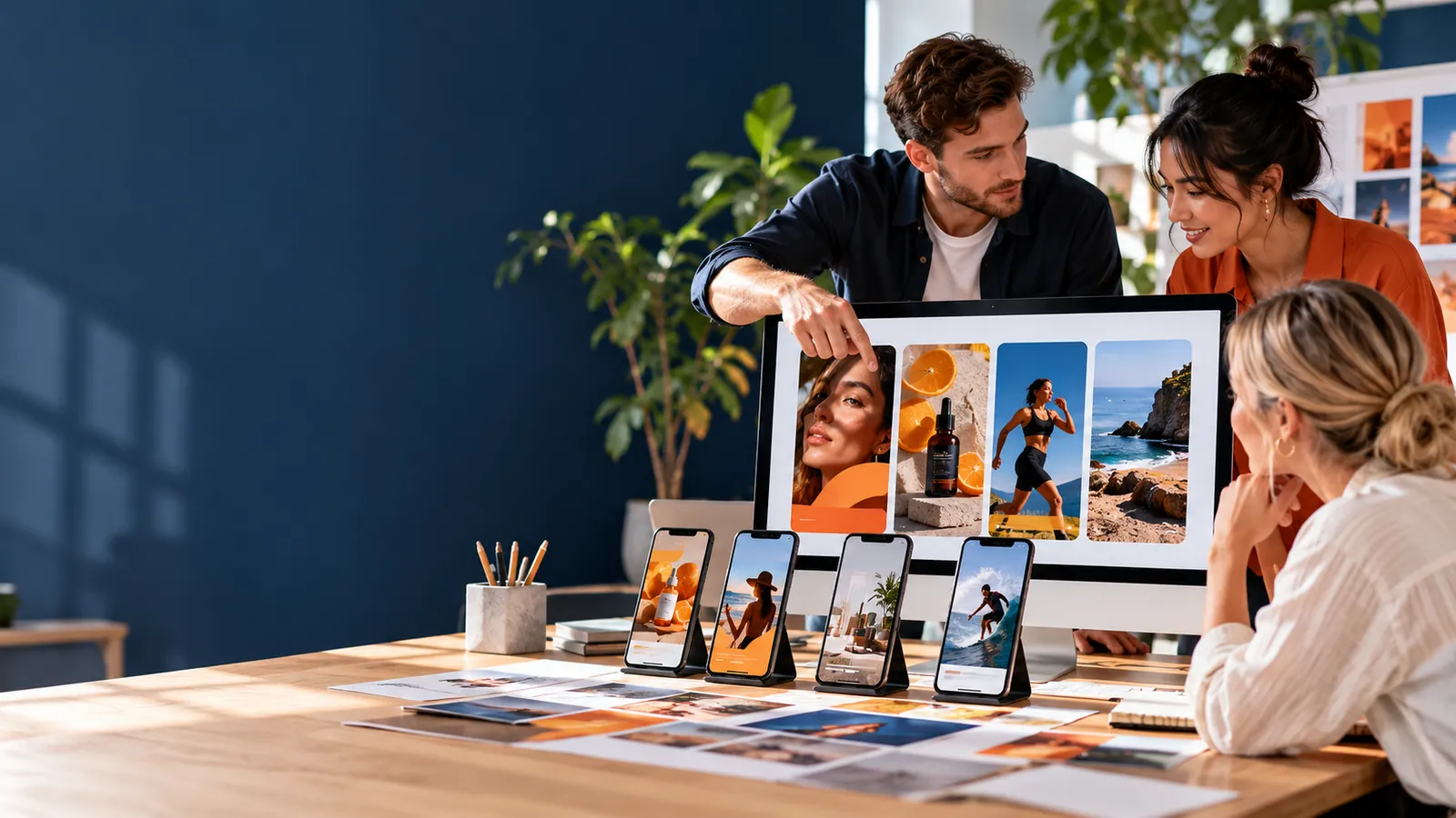 Creative team developing social media ad campaign variations
