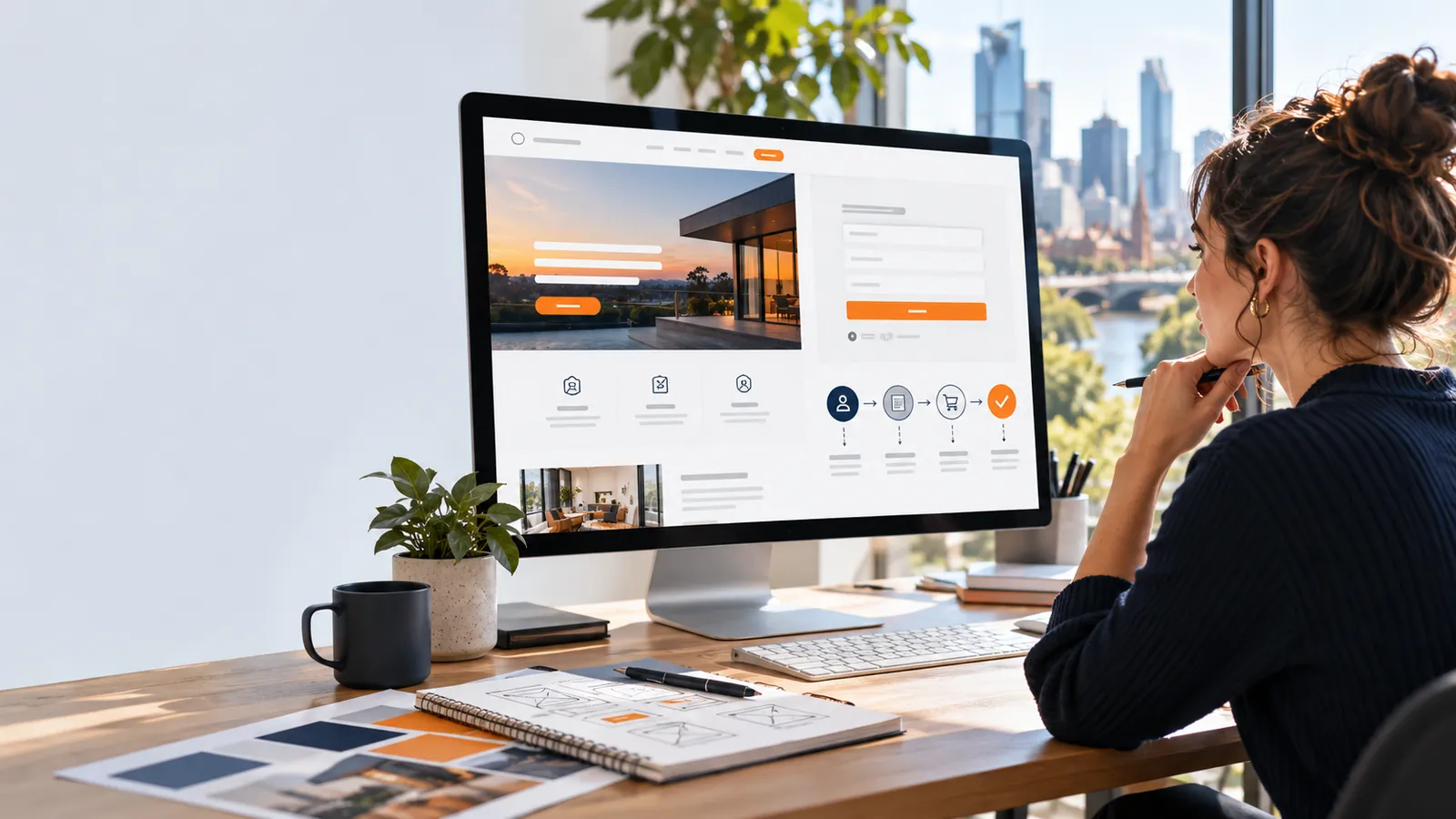 Designer reviewing a conversion-focused landing page and customer journey