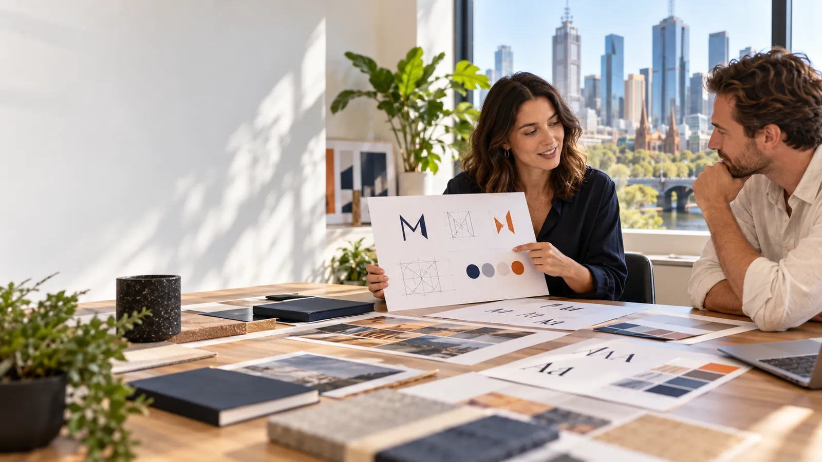 Melbourne logo designer presenting concepts, colour palettes and brand sketches