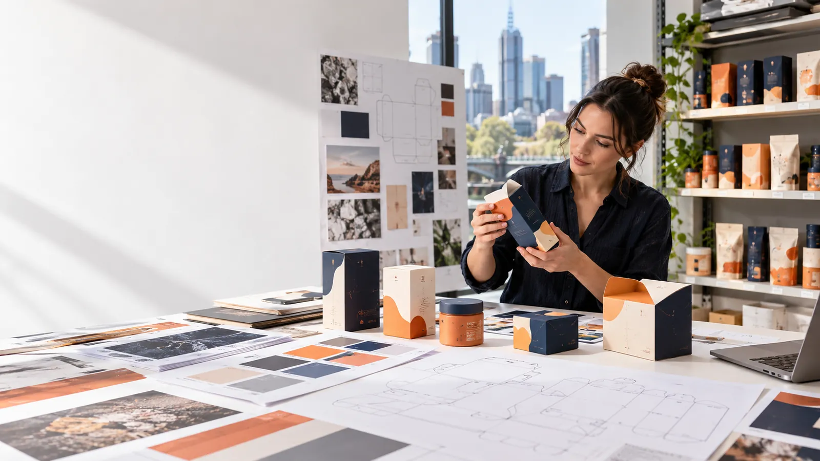 Packaging designer preparing product concepts for retail shelf and production