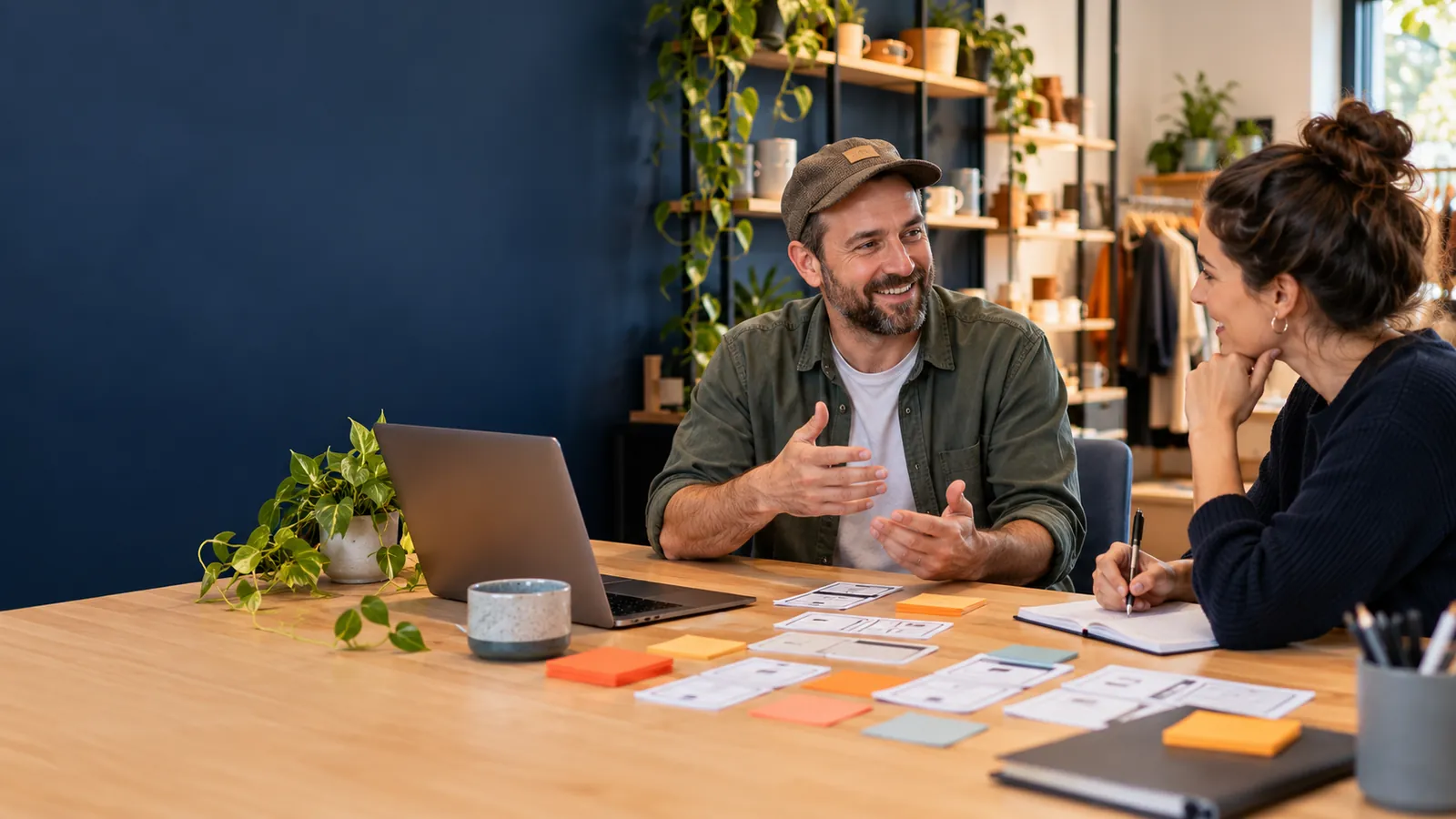 Researcher interviewing a small-business customer using an affordable prototype