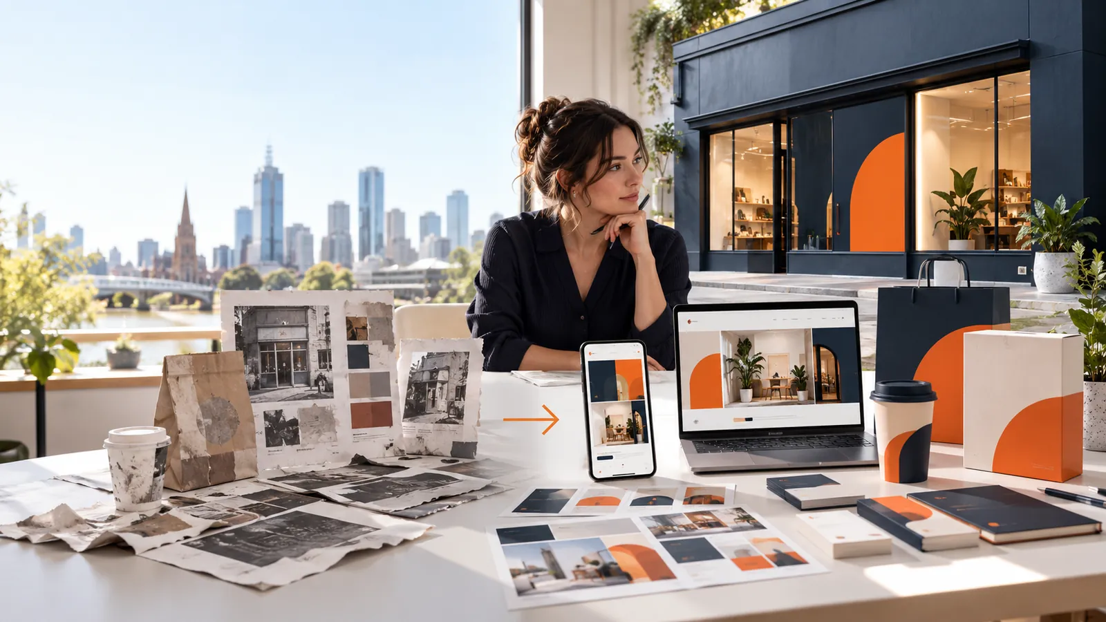 Business team reviewing old and new brand identity directions