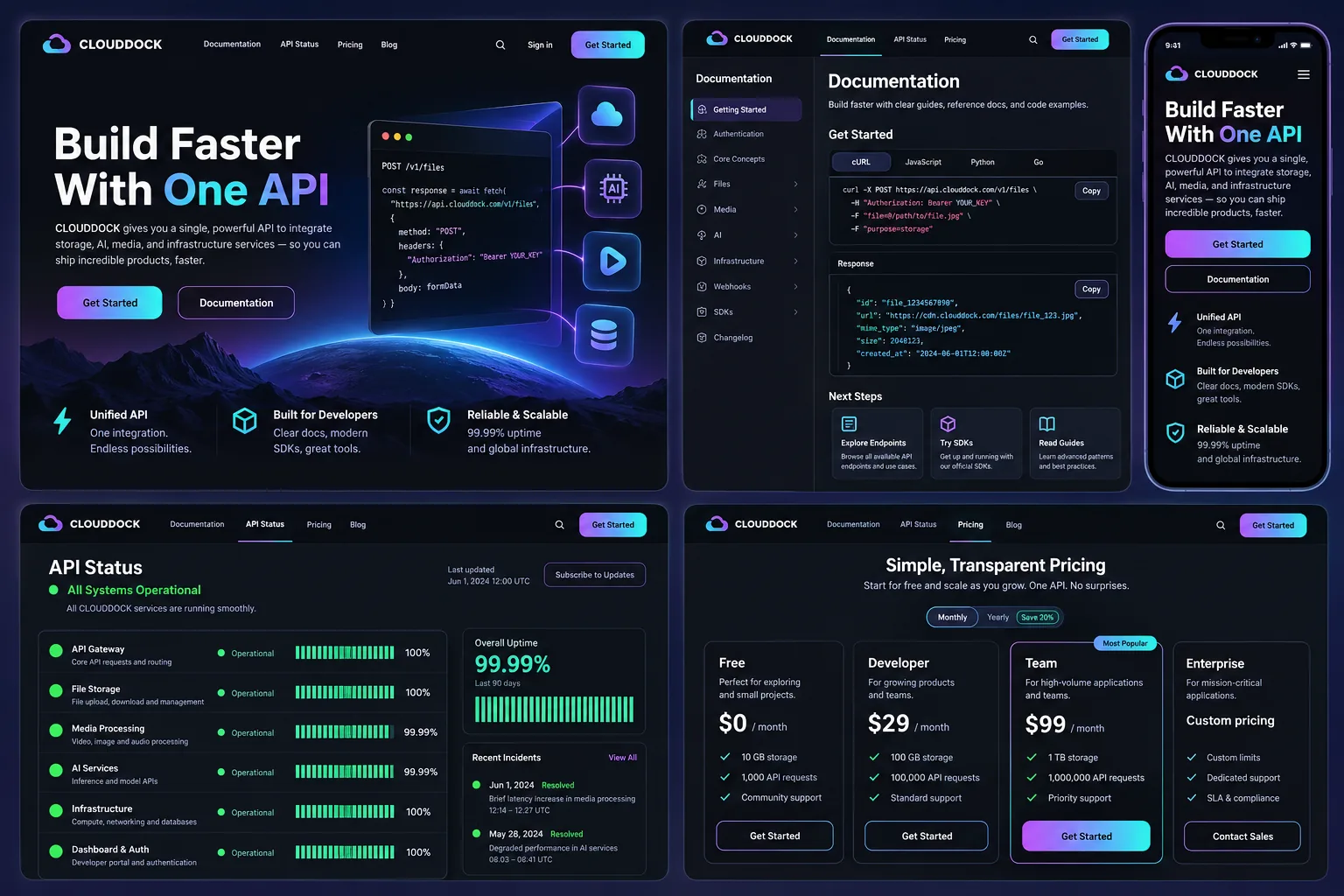 CloudDock developer portal with API documentation, code examples, service status and onboarding.