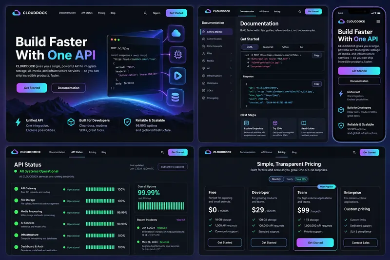 CloudDock developer portal with API documentation, code examples, service status and onboarding.