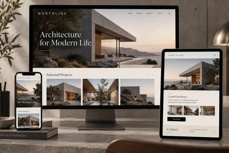 Northline Architects responsive portfolio website displayed across desktop, tablet and mobile.