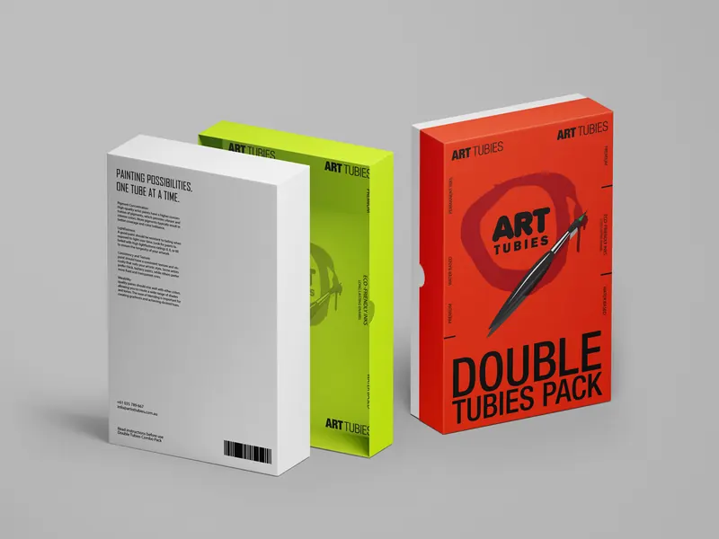 Art Tubies Double Tubies Pack carton shown in red, green and white retail packaging variants.