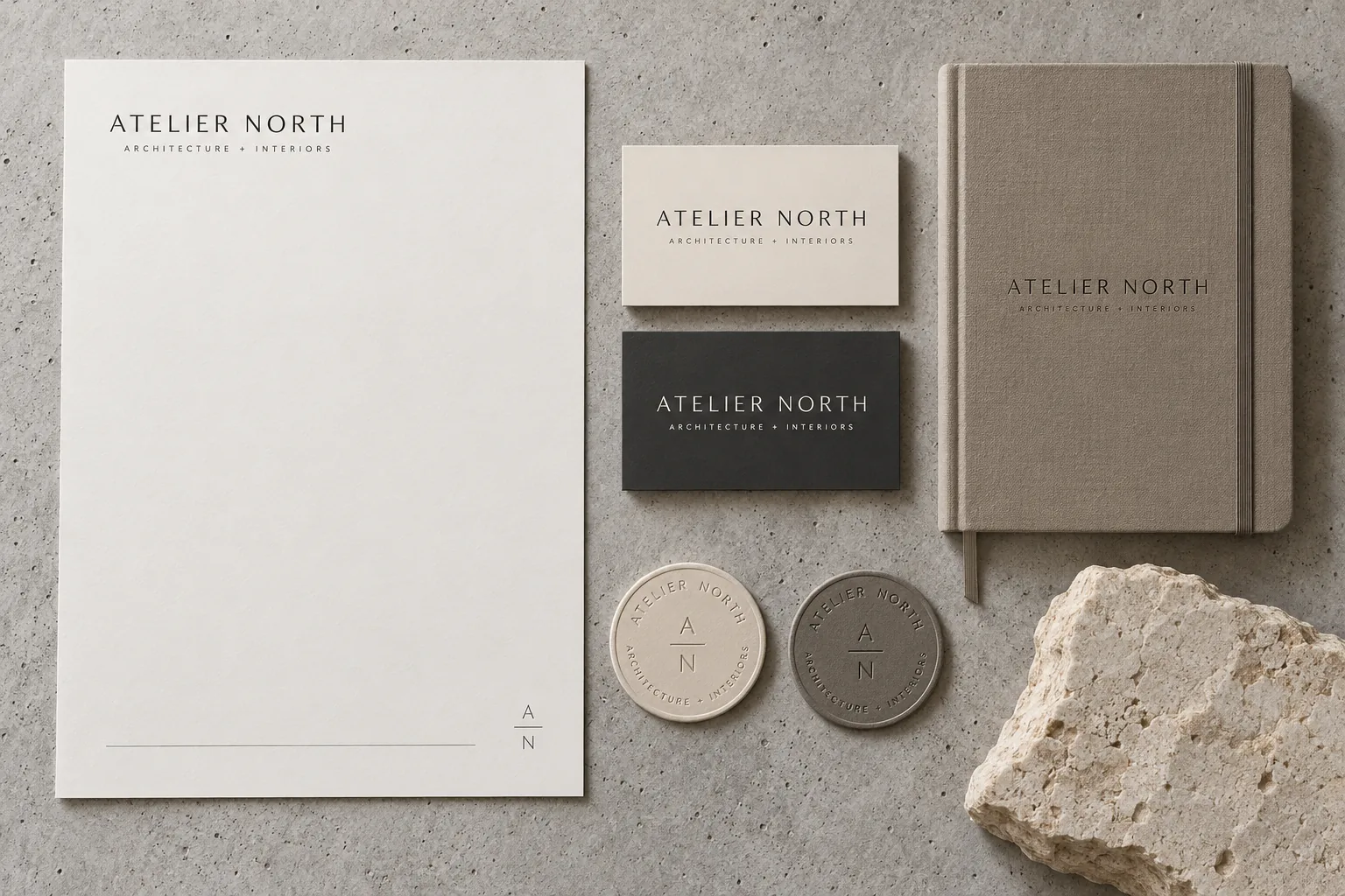 Melbourne Design Studio concept for Atelier North Stationery System, presented as a professional brand identity system portfolio example.