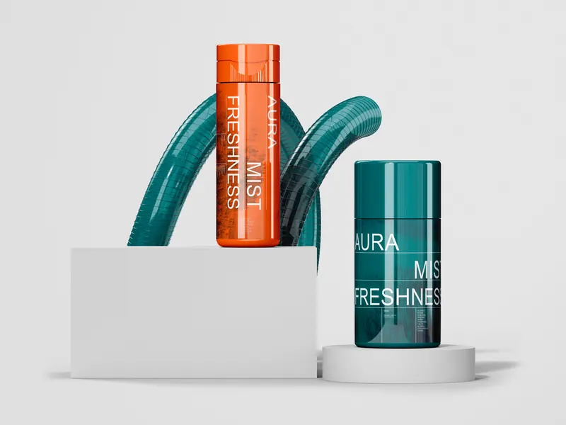 Aura Mist Freshness orange and teal cosmetic bottles displayed on geometric podiums.