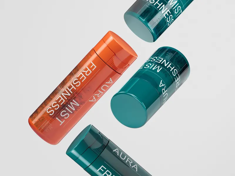 Aura Mist Freshness bottle packaging shown in a dynamic floating product composition.