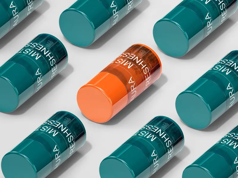 Repeating teal bottles with a contrasting orange Aura Mist Freshness package.