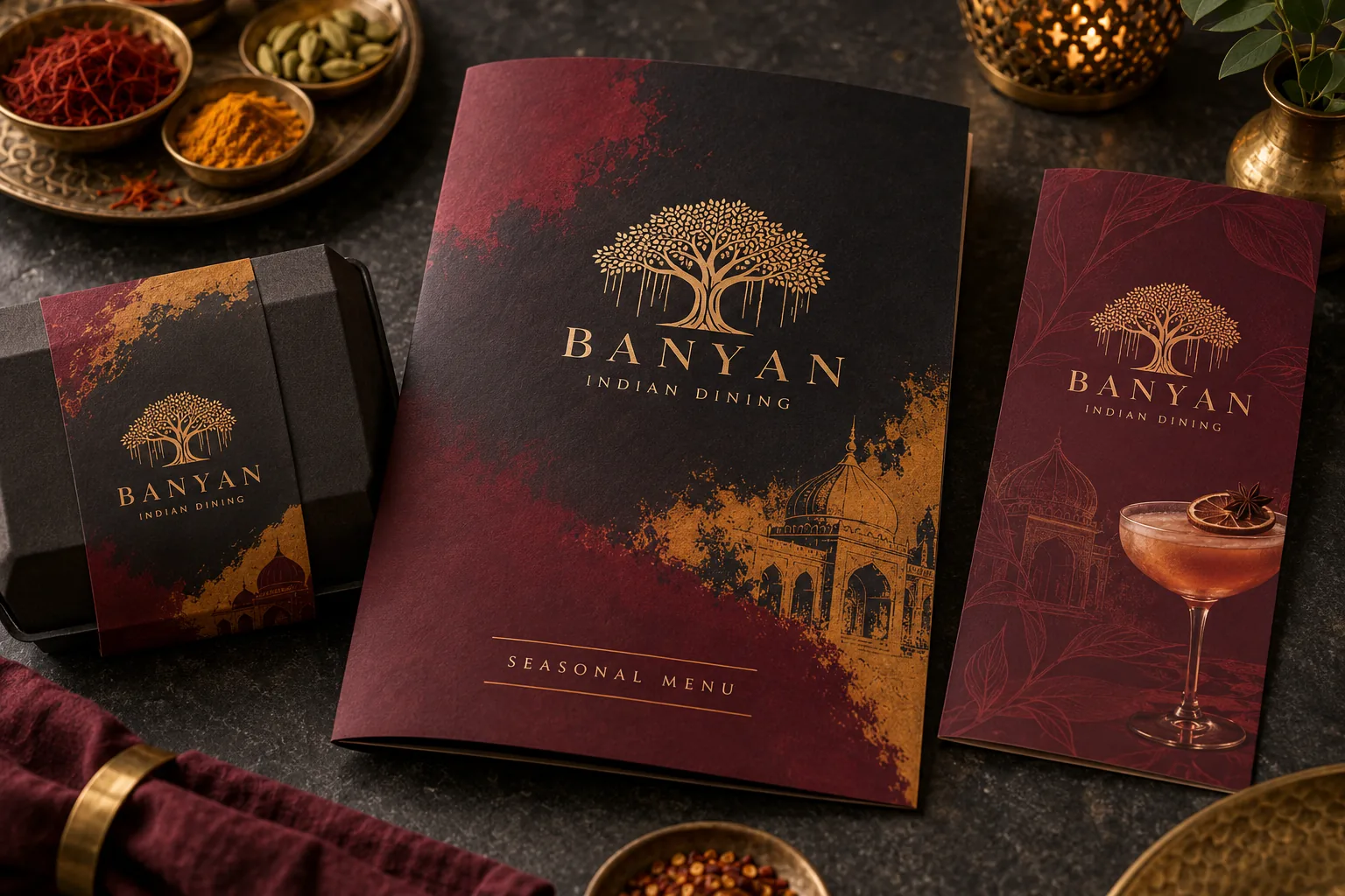 Melbourne Design Studio concept for Banyan Indian Dining Menu, presented as a professional restaurant menu design portfolio example.