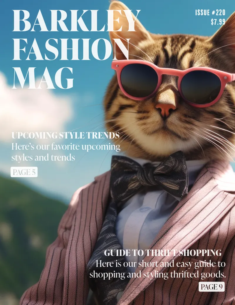 Barkley fashion magazine cover featuring a stylish cat wearing sunglasses and a suit.