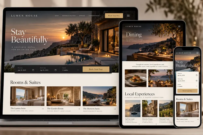 Lumen House responsive hotel website featuring rooms, dining, experiences and online booking.