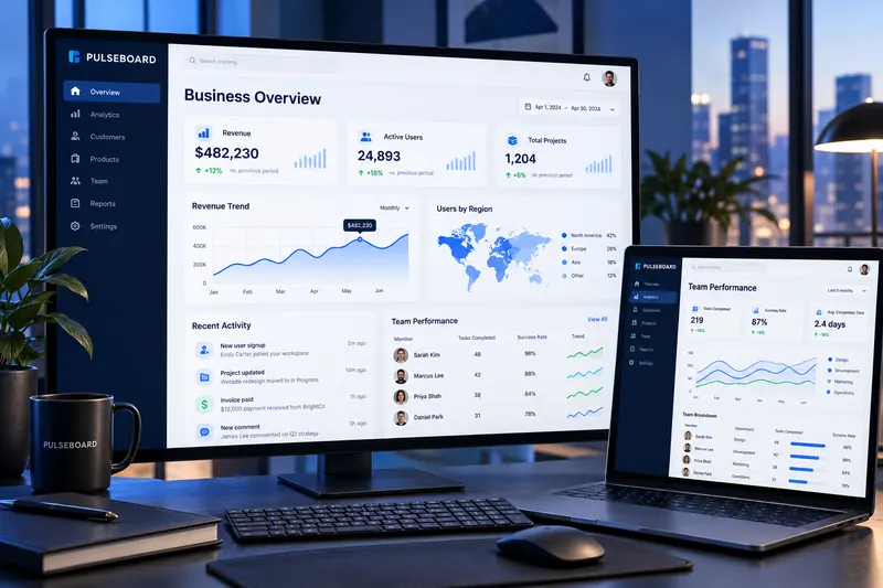 Pulseboard business analytics dashboard UI showing KPI cards, revenue charts and team performance.