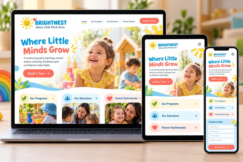 BrightNest childcare website showing programs, educators, testimonials and tour booking across devices.