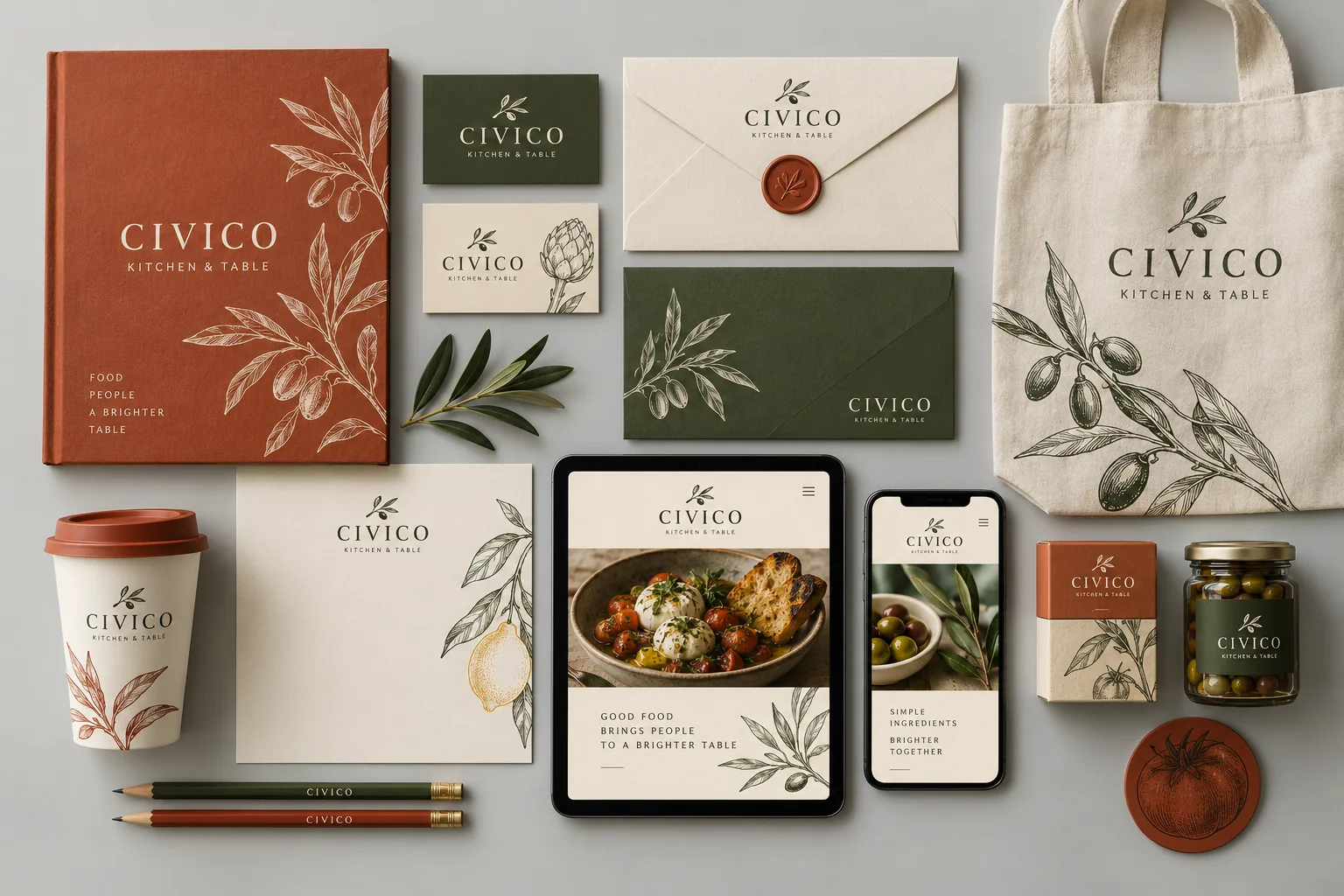 Melbourne Design Studio concept for Civico Kitchen Identity Flatlay, presented as a professional hospitality brand design portfolio example.