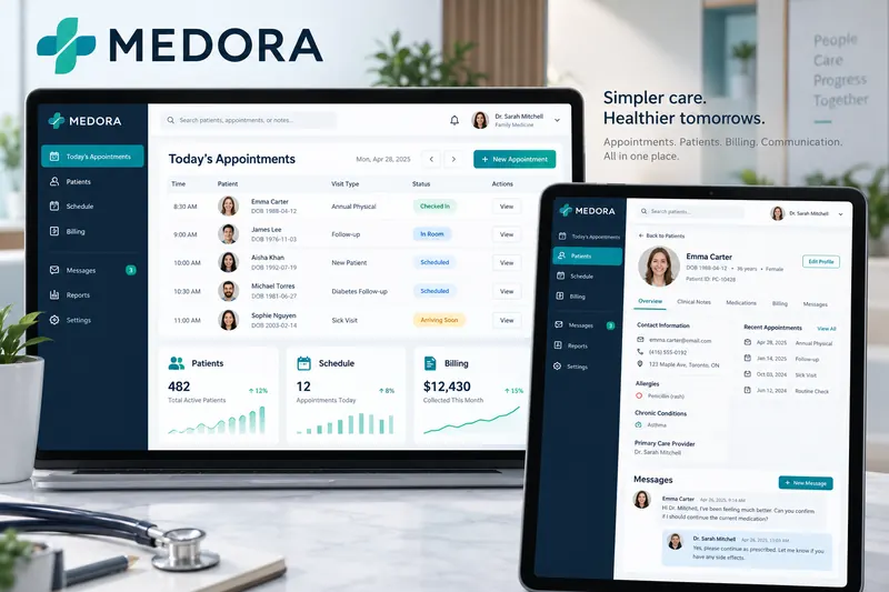 Medora clinic software interface with appointments, patient profiles, schedules and billing.