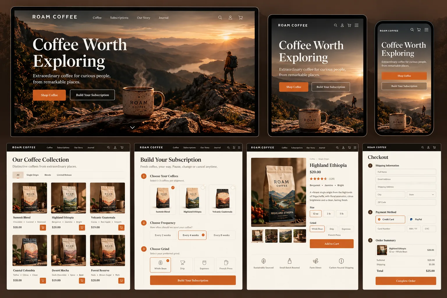 Roam Coffee ecommerce website with coffee discovery, products, subscription builder and checkout.