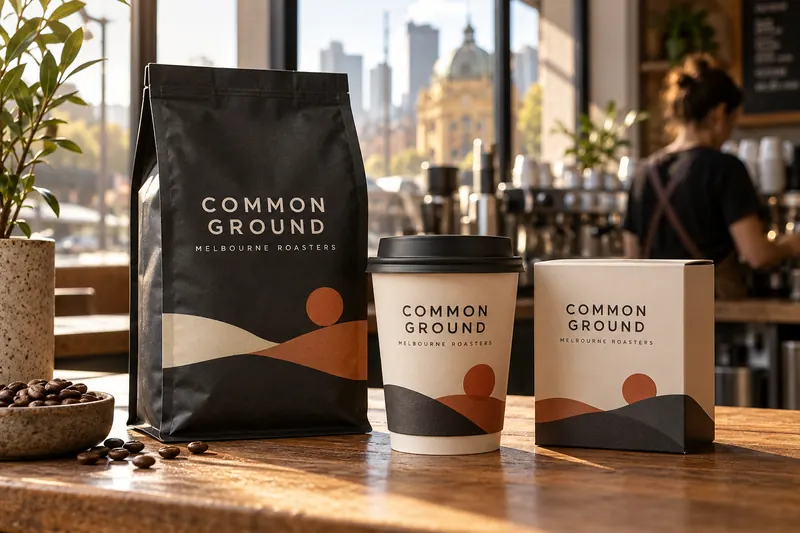Melbourne Design Studio concept for Common Ground Coffee Packaging, presented as a professional packaging design portfolio example.