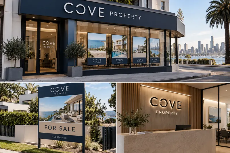 Melbourne Design Studio concept for Cove Property Signage, presented as a professional signage and wayfinding design portfolio example.