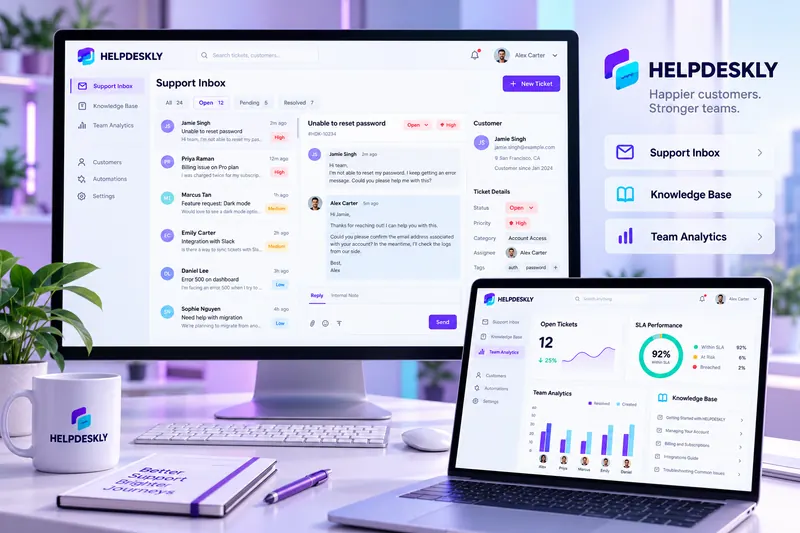 HelpDeskly support dashboard with ticket inbox, customer conversation, knowledge base and SLA analytics.