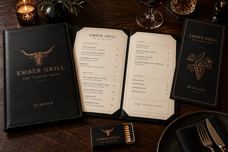 Melbourne Design Studio concept for Ember Grill Steakhouse Menu, presented as a professional restaurant menu design portfolio example.