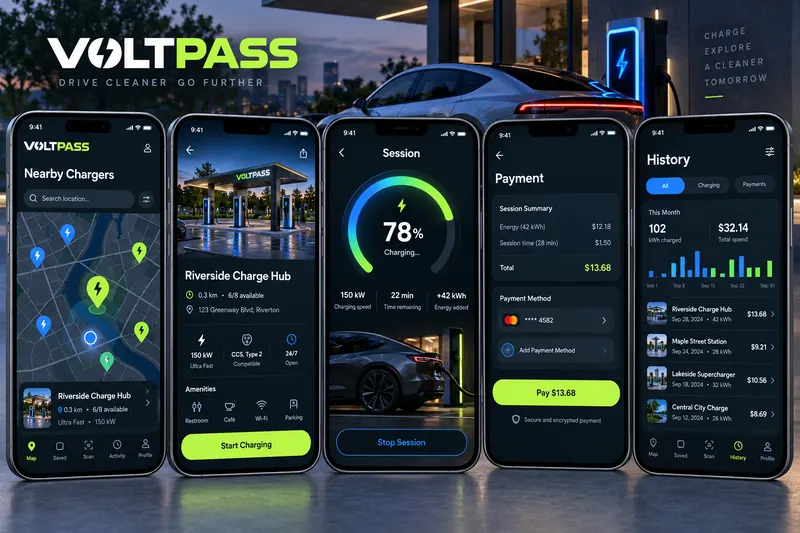 VoltPass EV charging app showing nearby chargers, station details, live charging and payments.