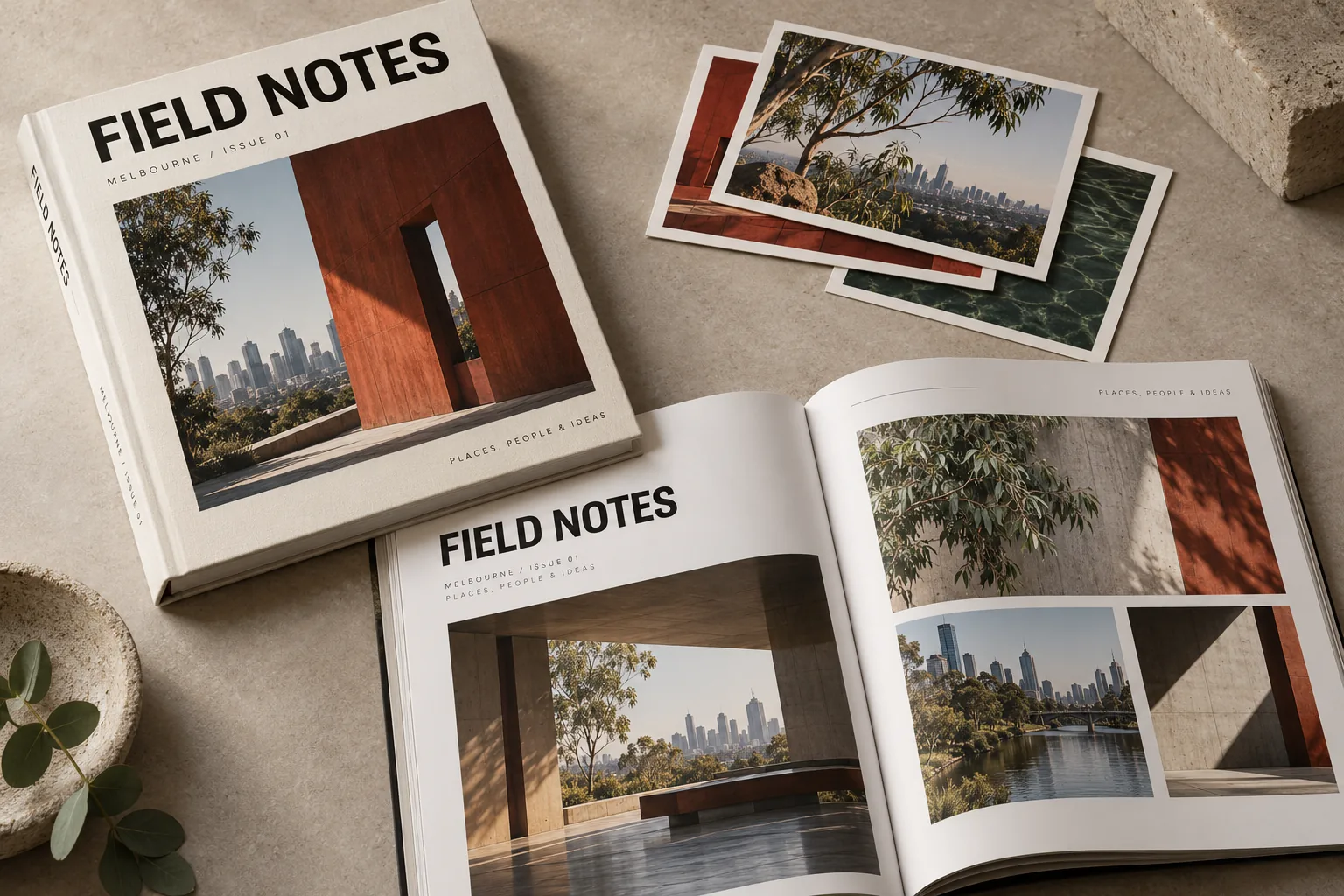 Melbourne Design Studio concept for Field Notes Editorial System, presented as a professional editorial and brochure design portfolio example.