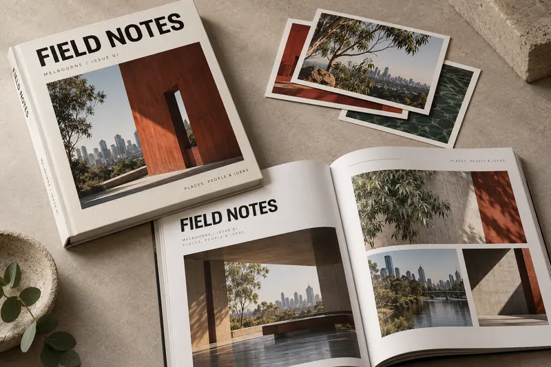 Melbourne Design Studio concept for Field Notes Editorial System, presented as a professional editorial and brochure design portfolio example.