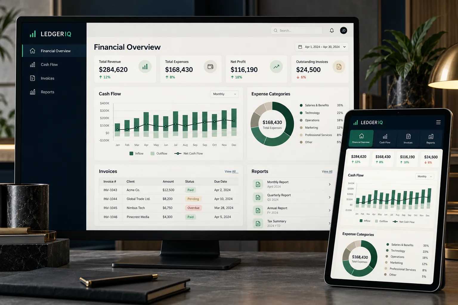 LedgerIQ fintech dashboard showing cash flow, expenses, invoices and financial reports.