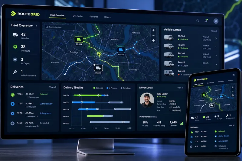 RouteGrid fleet dashboard showing live routes, deliveries, vehicles and driver analytics.