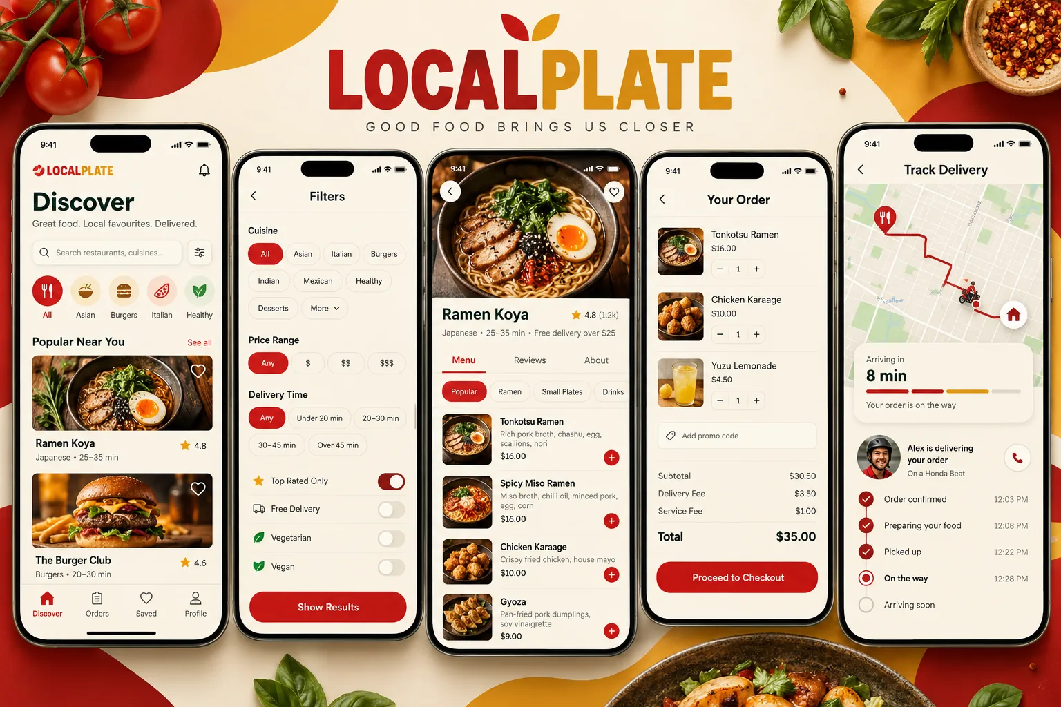 LocalPlate food delivery app featuring restaurant discovery, menus, cart and live order tracking.