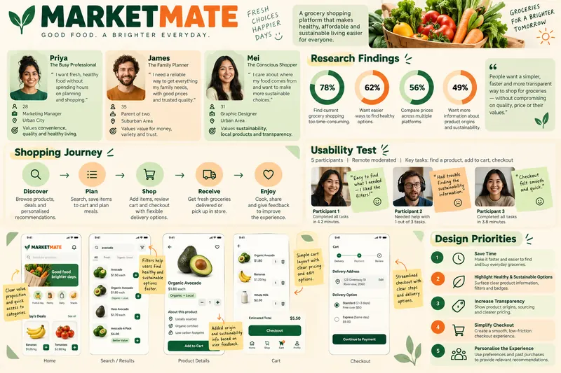 MarketMate grocery app research with personas, task flows, usability notes and annotated wireframes.
