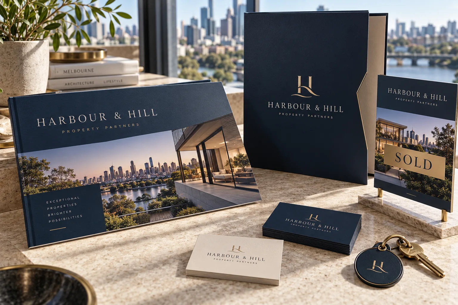 Melbourne Design Studio concept for Harbour and Hill Real Estate, presented as a professional brand identity system portfolio example.