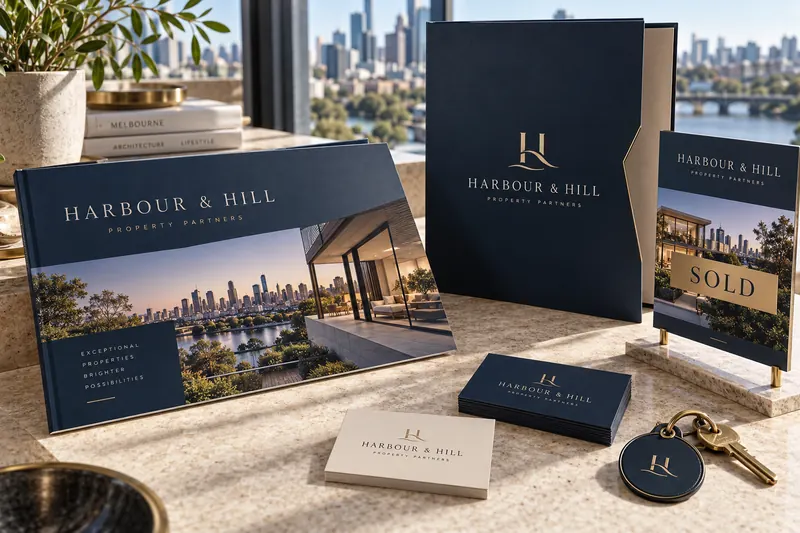 Melbourne Design Studio concept for Harbour and Hill Real Estate, presented as a professional brand identity system portfolio example.