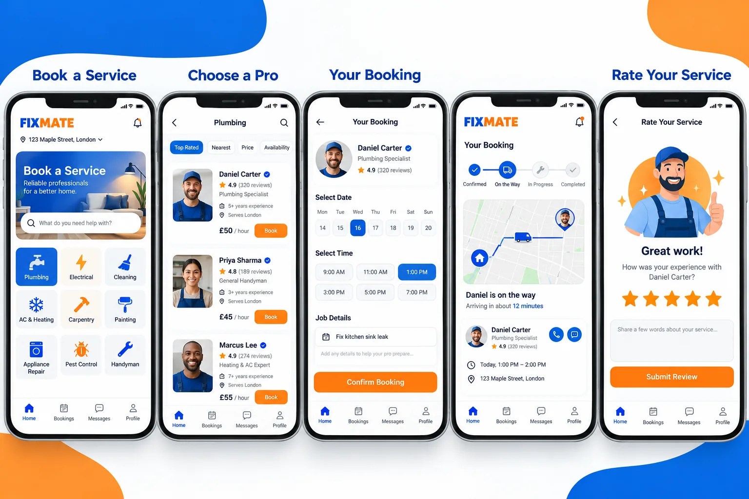 FixMate home-services app with provider selection, booking, job tracking and customer reviews.