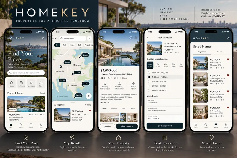 Melbourne Design Studio concept for HomeKey Property App Design, presented as a professional mobile app ui design portfolio example.