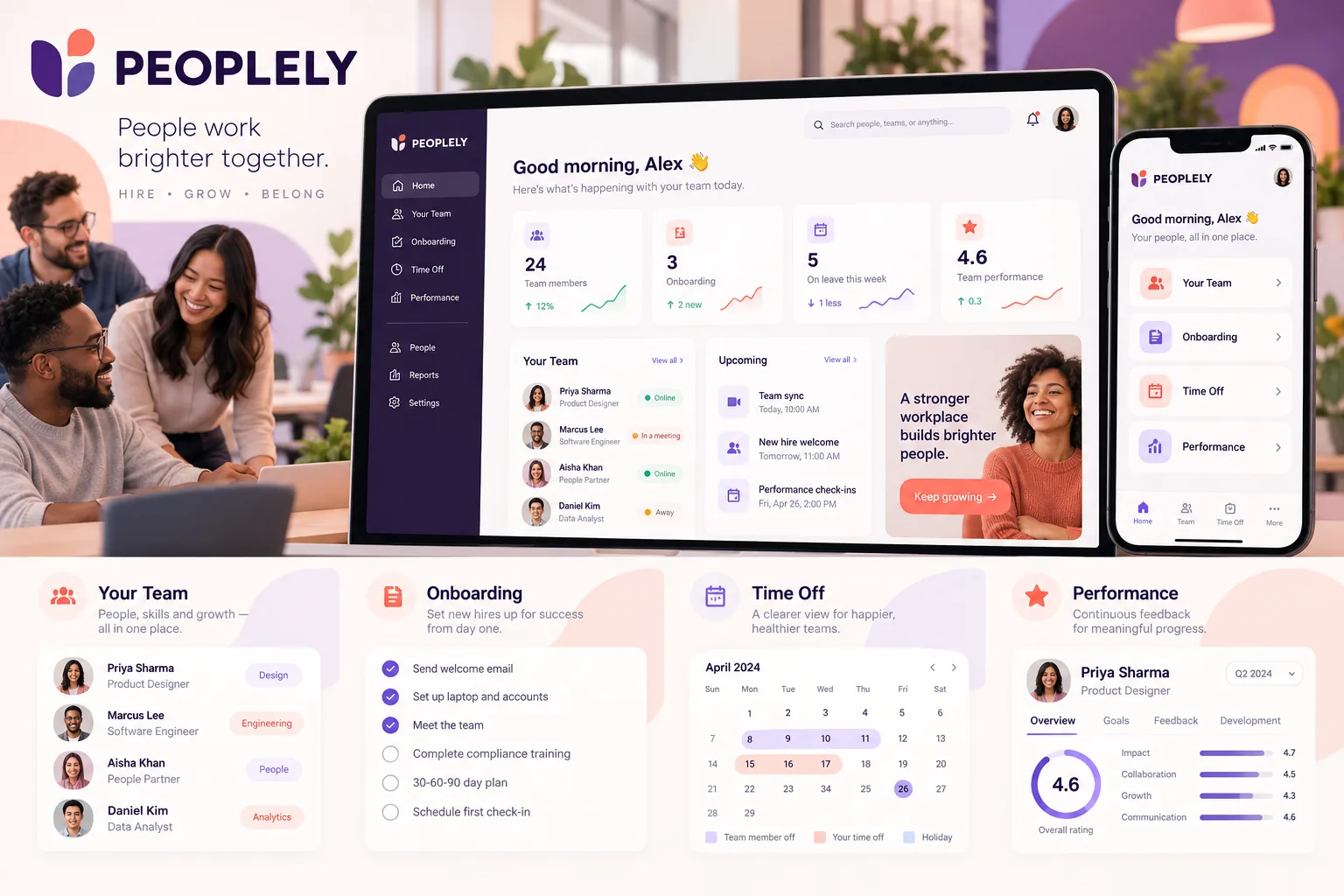 Peoplely HR dashboard showing onboarding, leave management, performance reviews and organisation chart.