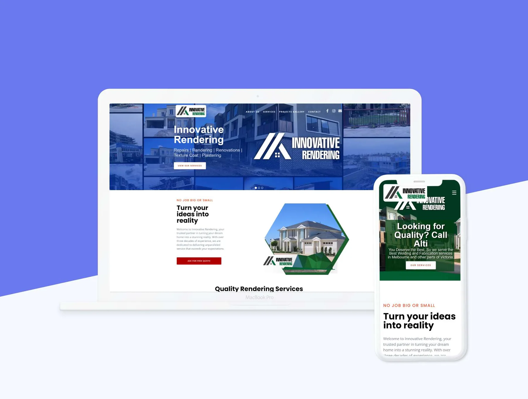 Innovative Rendering responsive construction website presented on laptop and mobile screens.