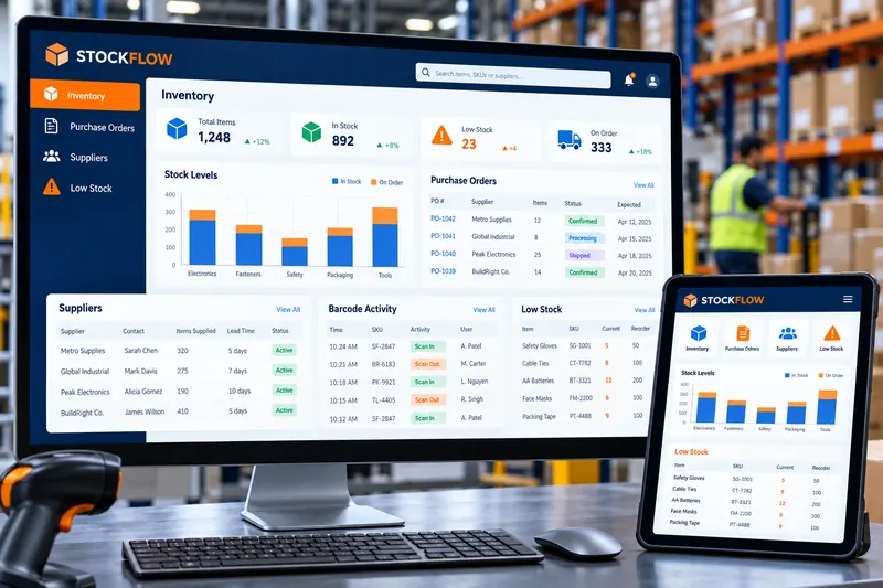 Stockflow inventory application showing stock levels, purchase orders, suppliers and reorder alerts.