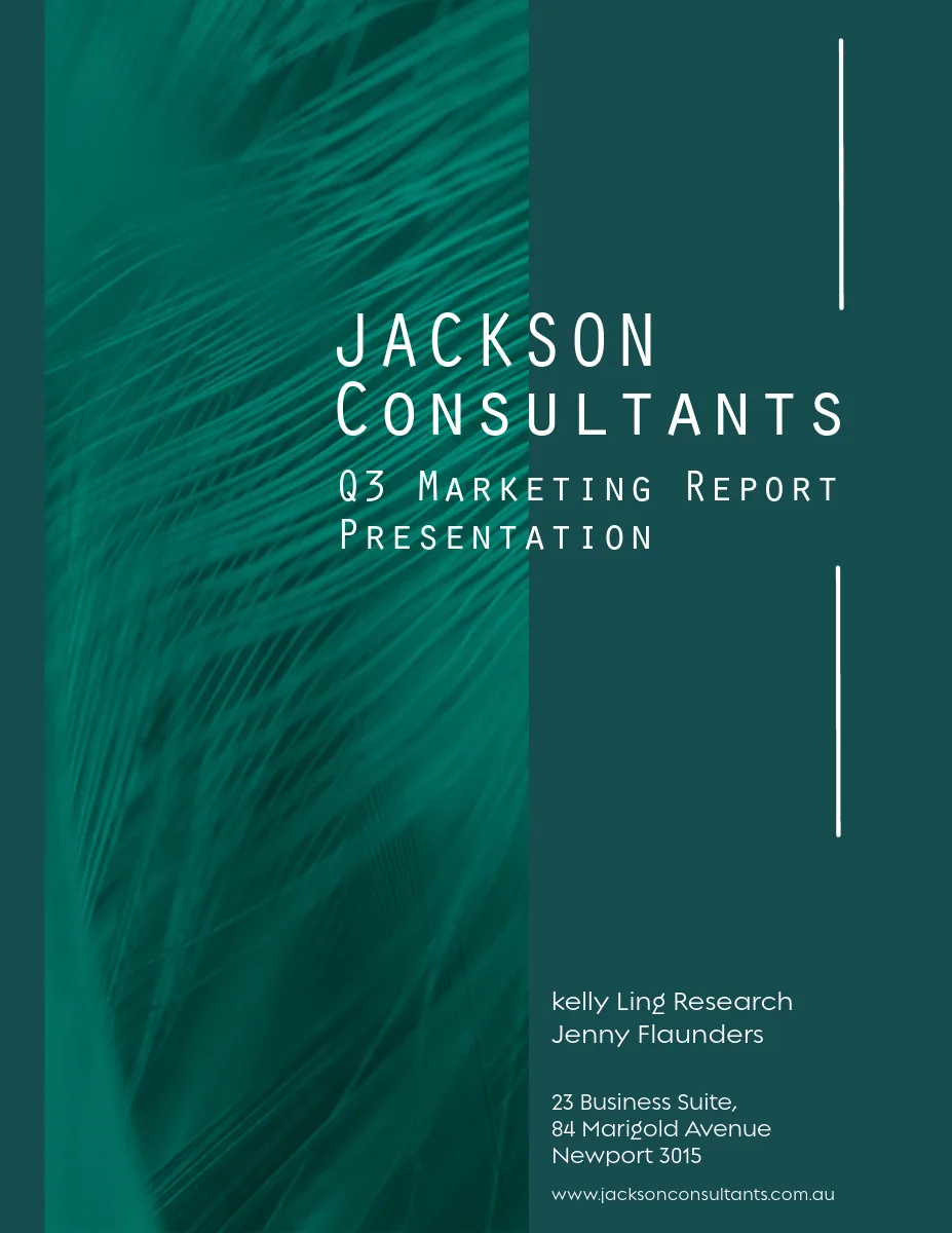 Jackson Consultants Q3 marketing report presentation cover in deep green with abstract botanical imagery.