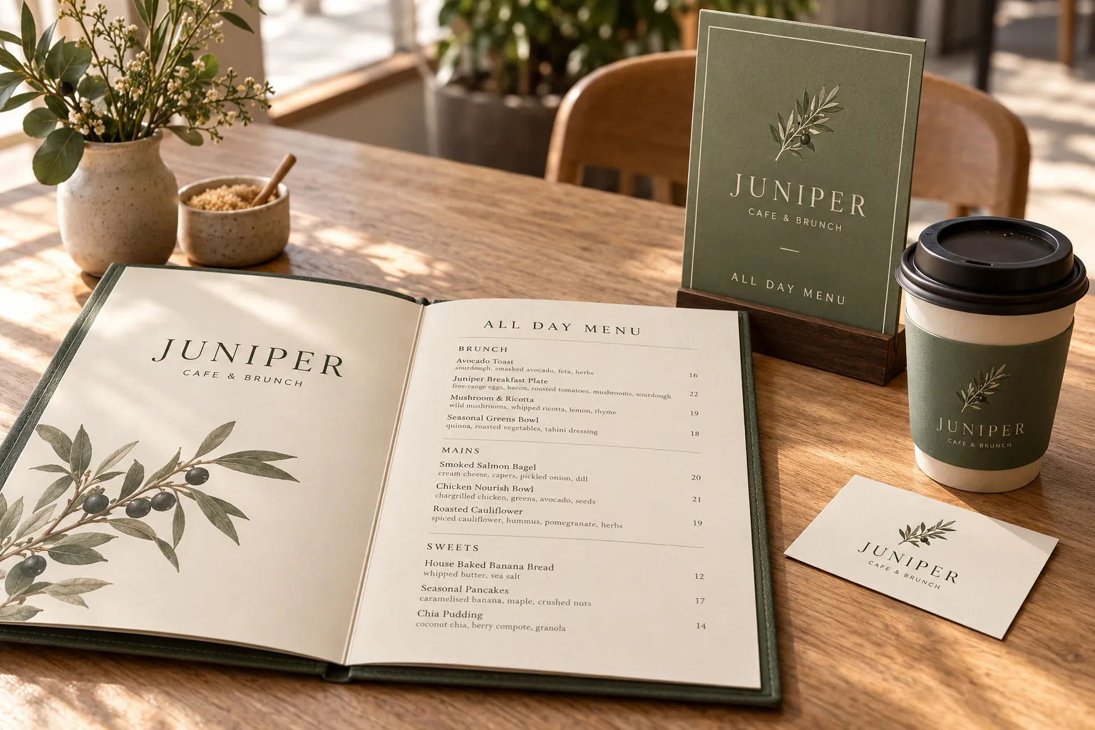 Melbourne Design Studio concept for Juniper Cafe Brunch Menu, presented as a professional restaurant menu design portfolio example.