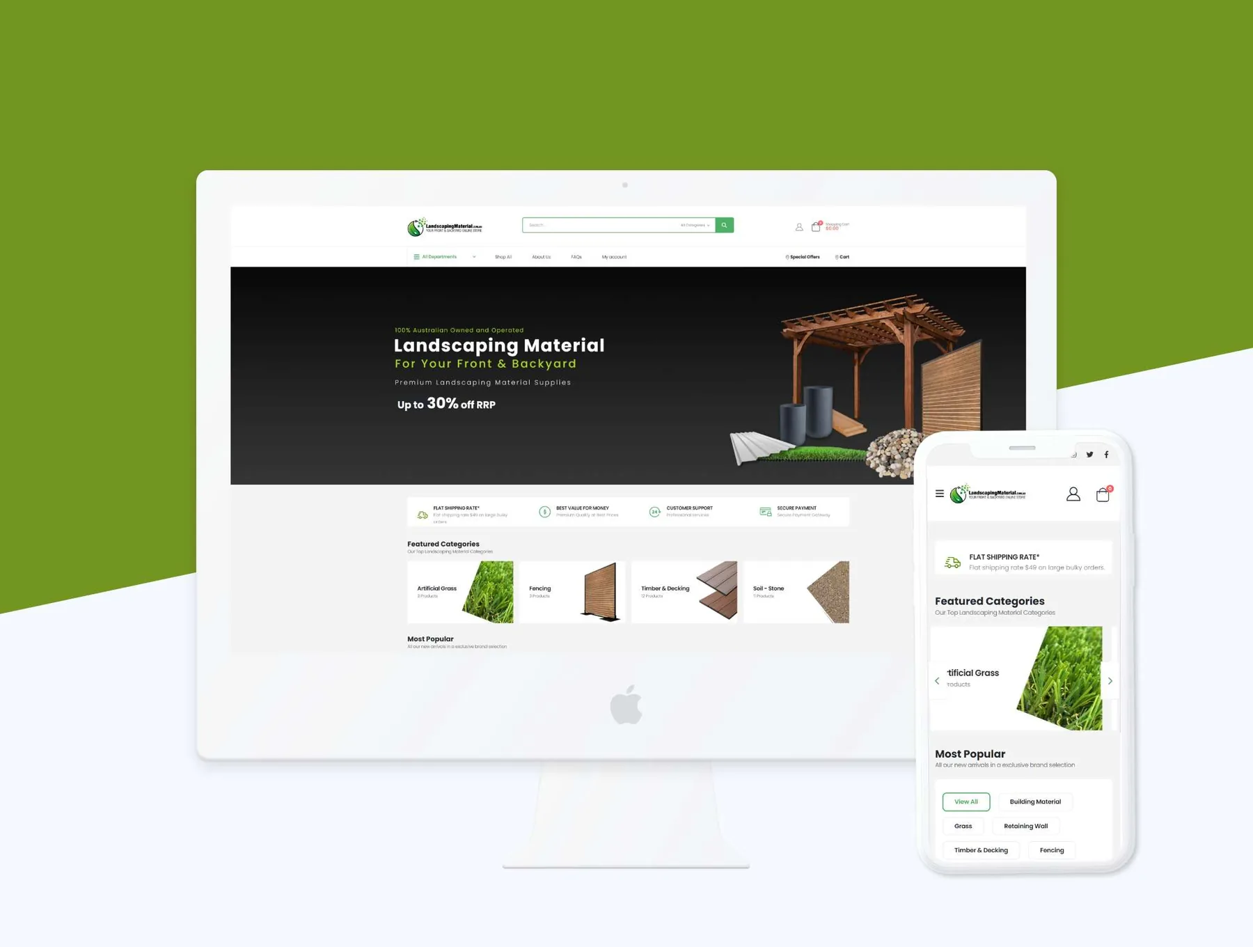 Landscaping Material Australia ecommerce website with product categories displayed on desktop and mobile.
