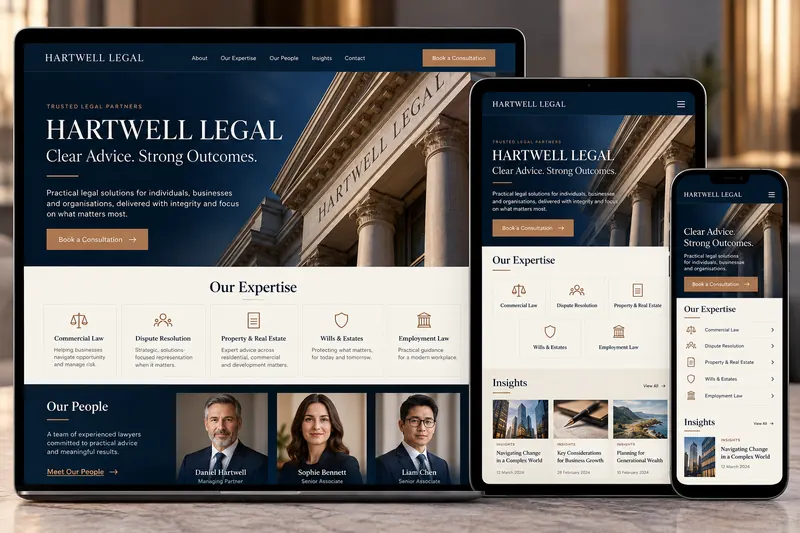 Hartwell Legal responsive website with practice areas, lawyer profiles, insights and consultation form.