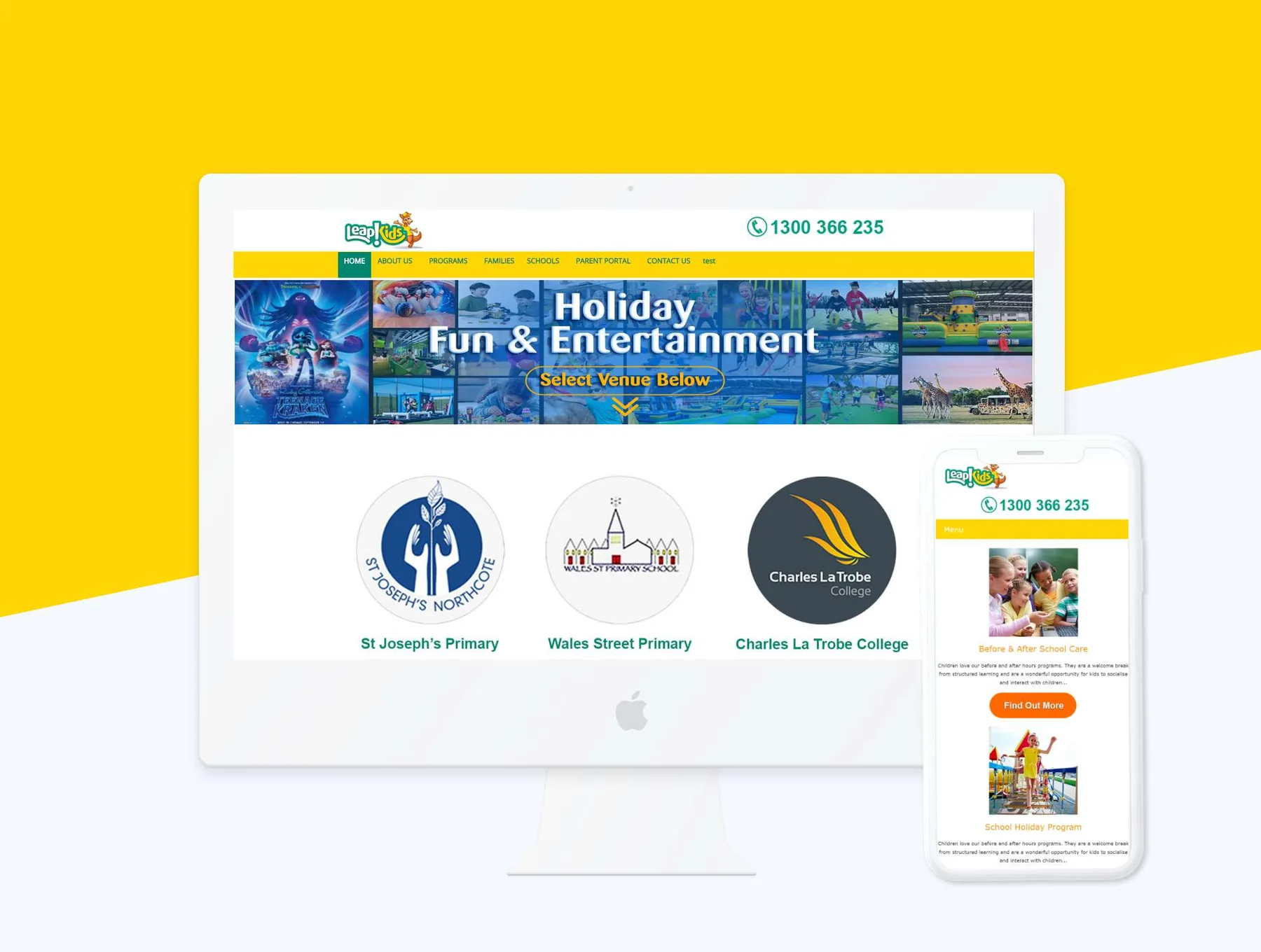 Leap Kids responsive holiday-program website showing school venues and children’s activities.