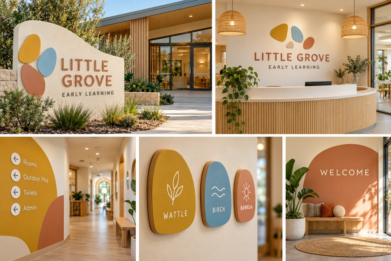 Melbourne Design Studio concept for Little Grove Childcare Signage, presented as a professional signage and wayfinding design portfolio example.