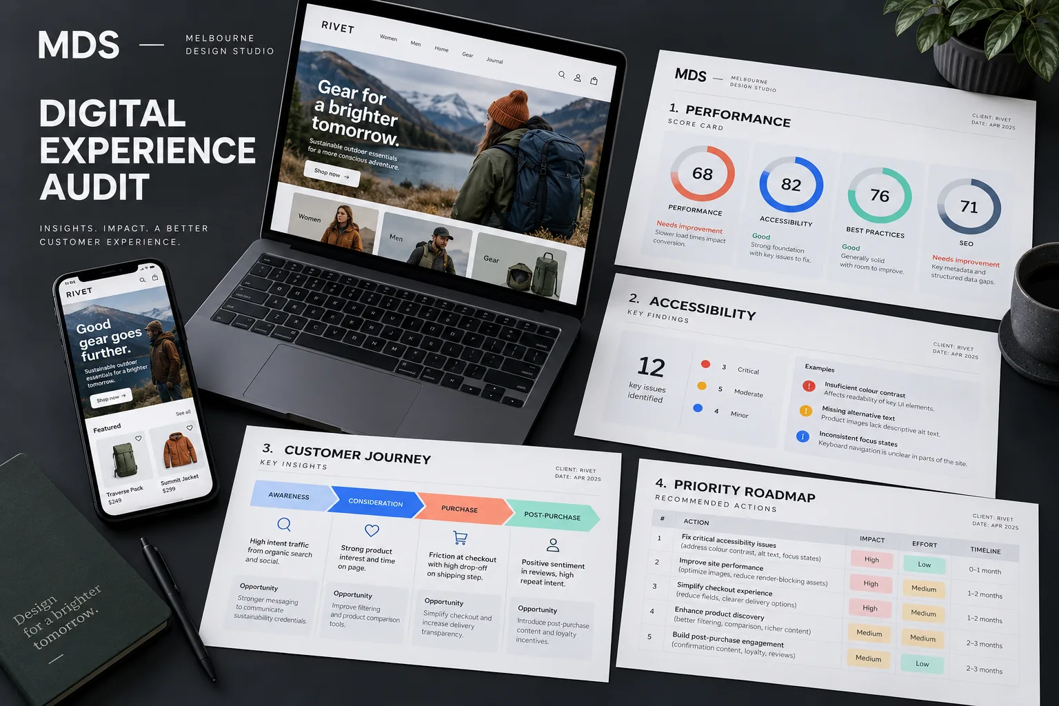 Melbourne Design Studio concept for MDS Digital Experience Audit, presented as a professional editorial and brochure design portfolio example.