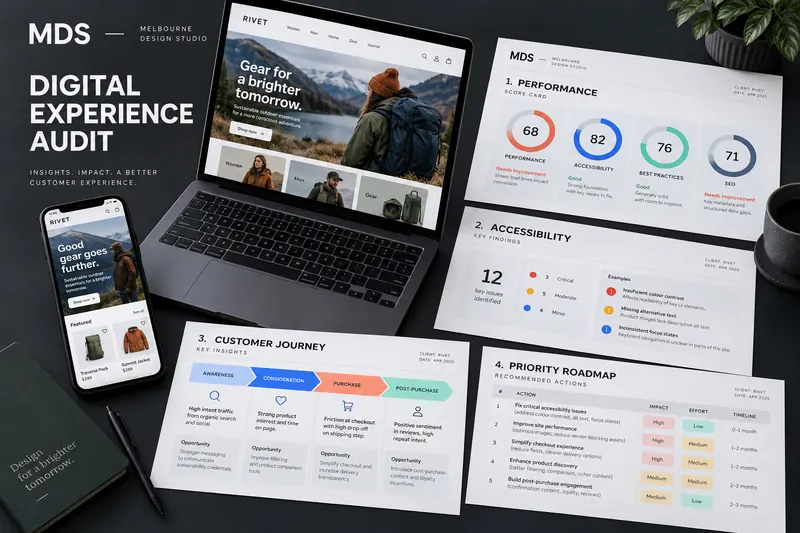 Melbourne Design Studio concept for MDS Digital Experience Audit, presented as a professional editorial and brochure design portfolio example.