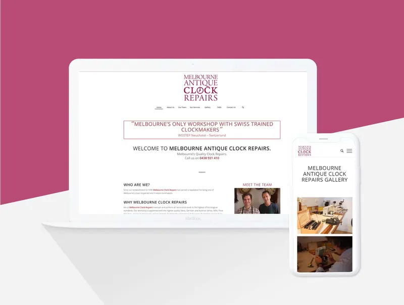 Melbourne Antique Clock Repairs responsive website with workshop, team and restoration gallery.